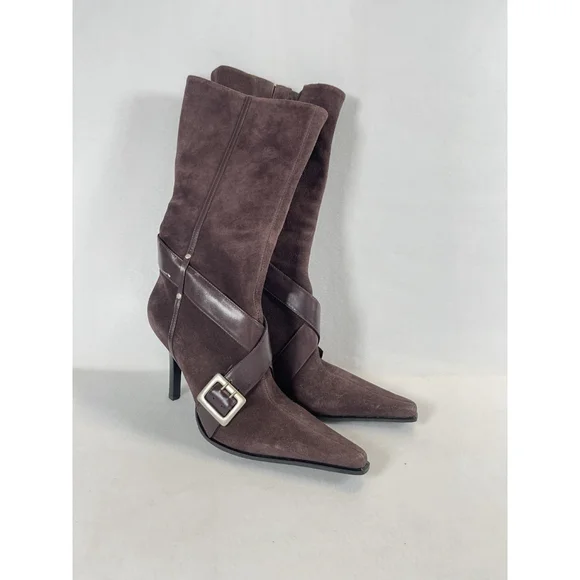 Y2K Brown Suede Leather Boots Guess By Marciano 10 Pointy Toe Sexy Stiletto - Picture 2 of 16
